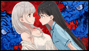 2girls animal_print bare_shoulders bird_print blue_background blue_shirt breasts brown_eyes brown_hair cleavage collared_shirt commentary_request dragon imigimuru long_hair looking_at_another make_heroine_ga_oo_sugiru! medium_breasts medium_hair multiple_girls nukumizu_kaju official_art pocket_protector red_background red_eyes second-party_source shiratama_riko shirt short_sleeves smile sweater tank_top white_hair white_shirt white_tank_top