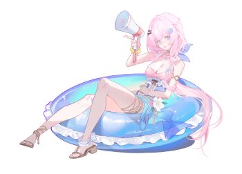 Rule 34 | 1girl, absurdres, alternate costume, blue eyes, breasts, cleavage, elf, elysia (honkai impact), highres, holding, holding megaphone, honkai (series), honkai impact 3rd, innertube, large breasts, long hair, megaphone, nizi w, pink hair, pointy ears, sandals, simple background, smile, solo, swim ring, thighs, toes, two-tone one-piece swimsuit, very long hair