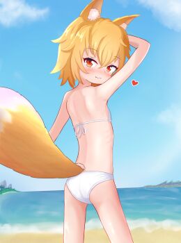 1girl animal_ears ass beach bikini blonde_hair commentary english_commentary flat_chest fox_ears fox_girl fox_tail heart highres iris_(pepzi) loli looking_back original outdoors pepzi solo swimsuit tail white_bikini