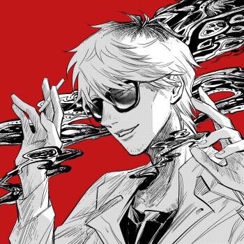 Rule 34 | 1boy, arms up, cigarette, commentary request, facial hair, greyscale, greyscale with colored background, hikaru ga shinda natsu, holding, holding cigarette, long sleeves, male focus, monochrome, osirisaldington, red background, shirt, short hair, simple background, solo, stubble, sunglasses, tanaka (hikaru ga shinda natsu)