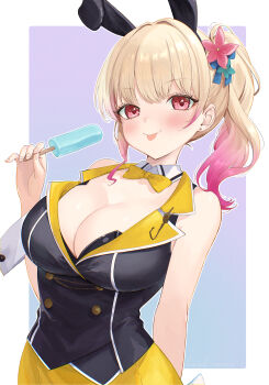 1girl :p absurdres animal_ears black_vest blonde_hair blue_background blush border bow bowtie breasts bunny_garden buttons cleavage closed_mouth commentary_request double-breasted encheru_(th-sto) fake_animal_ears flower food gradient_background gradient_hair hair_flower hair_ornament hand_up highres holding holding_food holding_popsicle large_breasts looking_at_viewer multicolored_hair pink_flower pink_hair ponytail popsicle purple_background rabbit_ears red_eyes rin_(bunny_garden) skirt solo tongue tongue_out upper_body vest white_border yellow_bow yellow_bowtie yellow_skirt