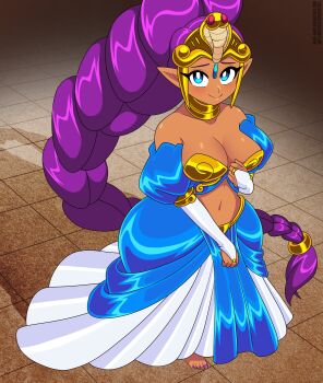 Rule 34 | 1girl, absurdres, bare shoulders, barefoot, blue eyes, breasts, bridal gauntlets, cleavage, dancer shantae, dress, female focus, full body, highres, large breasts, long hair, looking at viewer, nail polish, navel, nico-neko, pointy ears, ponytail, purple hair, shantae, shantae (series), solo, tan, toenail polish, toenails, very long hair
