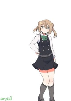 Rule 34 | 1girl, absurdres, black dress, bow, bowtie, brown eyes, brown hair, collared shirt, commentary request, double bun, dress, dress shirt, expressionless, feet out of frame, green bow, green bowtie, grey socks, hair bun, hands on own thighs, highres, kantai collection, medium hair, michishio (kancolle), michishio kai ni (kancolle), one-hour drawing challenge, pinafore dress, robinson (day l full), shirt, simple background, sleeveless, sleeveless dress, socks, solo, twitter username, white background, white shirt