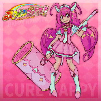 1girl bike_shorts boots bow character_name choker commentary copyright_logo cure_happy english_commentary full_body hammer head_wings highres holding holding_hammer hoshizora_miyuki jewelry logo long_hair magical_girl open_mouth pink_bow pink_choker pink_eyes pink_hair pink_skirt pink_theme precure shorts skirt smile smile_precure! solo standing tiara twintails wings wrist_cuffs zimternet