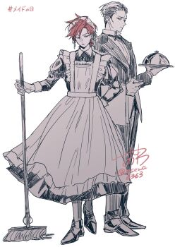 2boys alternate_costume apron beacrox_molan black_bow black_bowtie black_dress black_hair black_pants black_suit bow bowtie broom butler cale_henituse commentary_request crossdressing crossdressing_(mtf) dated dress dress_shoes earrings enmaided formal_clothes frilled_apron frills full_body gloves hair_slicked_back highres holding holding_broom holding_mop holding_plate holding_tray jacket jewelry juliet_sleeves long_sleeves lout_of_count&#039;s_family maid maid_apron maid_day maid_headdress male_focus male_maid mop multiple_boys osewa6363 pants plate puffy_sleeves red_hair shirt shoes short_hair signature simple_background spiked_hair standing suit suit_jacket tray white_apron white_background