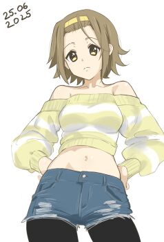 1girl alternate_breast_size_(larger) alternate_costume andreypavlow bare_shoulders black_pantyhose blonde_hair brown_hair collarbone commentary cowboy_shot cropped_shirt dated denim denim_shorts from_below frown highres k-on! looking_at_viewer medium_hair midriff navel pantyhose shirt short_shorts shorts sidelocks simple_background solo striped_clothes striped_shirt tainaka_ritsu white_background yellow_eyes yellow_shirt