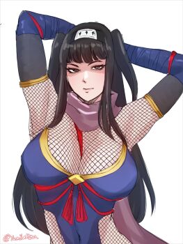 1girl armpits arms_behind_head artist_name black_hair black_scarf bodysuit breasts cleavage covered_navel fire_emblem fire_emblem_awakening fire_emblem_heroes fishnets half-closed_eyes headband highres japanese_clothes large_breasts long_hair looking_at_viewer ninja nintendo official_alternate_costums pink_lips scarf shaded_face signature smile solo tharja_(fire_emblem) tharja_(ninja)_(fire_emblem) twintails