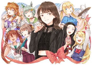 6+girls animal_ears arm_up black_hair black_jacket blend_s blonde_hair blue_eyes blue_shirt bow breasts brown_eyes brown_hair choker cleavage closed_eyes collared_shirt commentary_request crossover dress ear_covers fang flower gloves hair_between_eyes hair_flower hair_ornament hair_ribbon headscarf himesaka_noa hinata_kaho holding holding_tray horse_ears horse_girl jacket japanese_clothes kamado_nezuko kantai_collection kazagumo_(kancolle) kimetsu_no_yaiba kitou_akari konoe_kanata libeccio_(kancolle) long_hair long_sleeves looking_at_viewer love_live! love_live!_nijigasaki_high_school_idol_club miroku_san-ju multiple_crossover multiple_girls neckerchief one_eye_closed open_clothes open_jacket open_mouth pink_eyes pink_ribbon ponytail real_life red_bow red_choker ribbon sailor_collar sailor_dress sash seiun_sky_(reeling_in_the_big_one)_(umamusume) seiun_sky_(umamusume) shirt short_hair short_sleeves single_ear_cover sleeveless teapot tray twintails umamusume voice_actor voice_actor_connection watashi_ni_tenshi_ga_maiorita! white_gloves white_headscarf white_sailor_collar white_shirt