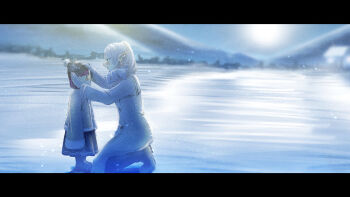 2girls beanie black_boots black_hat black_skirt boots brown_jacket coat commentary_request elf fern_(sousou_no_frieren) frieren from_side fur-trimmed_jacket fur_trim hat highres jacket knee_boots kneeling long_hair looking_at_another multiple_girls outdoors pointy_ears purple_eyes purple_hair shin_tamanegi skirt snow sousou_no_frieren white_coat white_hair