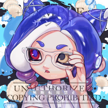 1girl adjusting_eyewear glasses hair_horns hair_ornament hand_on_eyewear highres looking_to_the_side medium_hair mismatched_pupils mole mole_above_eye mole_under_eye mole_under_mouth multiple_moles nezumi_(tuboshu2013) nintendo octoling octoling_girl octoling_player_character open_mouth parted_bangs portrait purple_hair purple_pupils sample_watermark shirt short_sleeves solo splatoon_(series) tentacle_hair watermark white-framed_eyewear white_shirt x_hair_ornament