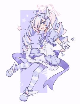 1girl absurdres ahoge blue_archive bow commentary dated_commentary gloves hair_ornament halo highres jambujok multicolored_hair official_alternate_costume pantyhose pink_hair puffy_sleeves purple_bow reisa_(blue_archive) reisa_(magical)_(blue_archive) short_sleeves solo star_(symbol) star_hair_ornament striped_clothes twintails white_gloves