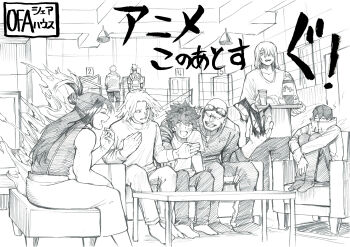1girl 6+boys ^_^ absurdres all_might alternate_costume arm_around_shoulder armchair arms_at_sides backpack bag bald bare_arms bare_shoulders black_whip_(boku_no_hero_academia) blush boku_no_hero_academia bright_pupils casual chair closed_eyes clothing_request collarbone commentary_request couch covered_mouth cracked_skin crosshatching cup door drawstring drink elbow_on_knee en_(boku_no_hero_academia) facial_hair feet_on_chair fingernails folded_hair food freckles goggles goggles_on_head graphite_(medium) greyscale hair_between_eyes hair_bun hair_over_one_eye half_updo hand_on_own_chest hands_up hanging_light happy hatching_(texture) highres holding holding_own_arm holding_tray hugging_own_legs indoors knees_to_chest knees_up koba_ayu038 lariat_(boku_no_hero_academia) leaning_forward living_room long_hair long_sleeves looking_at_another looking_to_the_side medium_hair midoriya_izuku mole mole_under_mouth monochrome multiple_boys no_eyebrows on_couch open_mouth pants parted_bangs plank ponytail profile railing shigaraki_yoichi shimura_nana shinomori_hikage shirt short_eyebrows short_hair short_sleeves sidelocks sign single_vertical_stripe sleeveless three-quarter_sleeves socks spiked_hair split_mouth spoilers stack standing straight_hair stubble suspenders sweatdrop t-shirt table tank_top teeth tendril text_focus traditional_media tray unzipped upper_teeth_only v-shaped_eyebrows yagi_toshinori