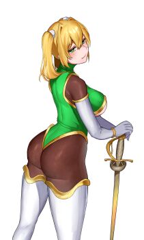 1girl absurdres ass blonde_hair bodystocking breasts brown_bodystocking closed_mouth commentary commission cowboy_shot double-parted_bangs elbow_gloves english_commentary from_side gloves green_eyes green_leotard hair_between_eyes hand_on_weapon highres large_breasts leiden_yaegore leotard looking_at_viewer medium_hair original simple_background skin_tight smile solo sword thighhighs weapon white_background white_gloves white_thighhighs
