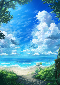 absurdres beach blue_sky branch cloud cloudy_sky commentary_request day footprints grass highres horizon murakoyafactory no_humans ocean original outdoors sand scenery sign simple_bird sky summer translation_request