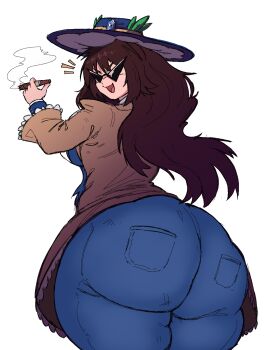 ass blue_hat brown_hair cigar cropped_legs denim gensokyo_odyssey hat highres holding holding_cigar huge_ass jeans kakkoi_elbertson korean_nooby long_hair pants solo sunglasses thick_thighs thighs touhou triangular_eyewear wide_hips