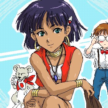 1990s_(style) 2girls bandeau blush_stickers bottomless bracelet dithering earrings fushigi_no_umi_no_nadia glasses green_eyes hair_ornament hairclip jean_roque_lartigue jean_roque_raltique jewelry king king_(nadia) lion lowres multiple_girls nadia_la_arwall neck_ring necklace oekaki pixel_art purple_hair retro_artstyle short_hair shou_(akuma_no_ryouiki) strapless tube_top vest