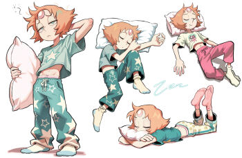 1girl alternate_costume blue_eyes blush closed_eyes commentary cookie_cat_(steven_universe) cropped_shirt drooling fawken forehead_jewel gem gem_(steven_universe) highres holding holding_pillow orange_hair pajamas panties pants panty_peek pearl_(species)_(steven_universe) pearl_(steven_universe) pillow shirt short_hair smile socks star_(symbol) star_print steven_universe sweatpants t-shirt underwear white_socks