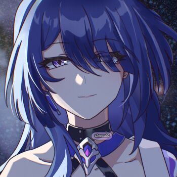 1girl acheron_(honkai:_star_rail) black_choker choker commentary commission hair_over_one_eye halterneck highres honkai:_star_rail honkai_(series) long_hair looking_at_viewer portrait purple_eyes purple_hair rumo_(r3mnx00) single_bare_shoulder smile solo vgen_commission