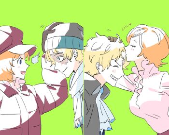 1boy 1girl ascot beanie black_jacket blonde_hair blue_eyes blush breasts brown_gloves closed_eyes closed_mouth coat collar commentary english_commentary frilled_collar frills from_side gloves grin hand_on_another&#039;s_head hat hetero jacket kiss kissing_forehead koala_(one_piece) large_breasts multiple_views one_piece open_mouth orange_hair pink_shirt profile puff_of_air raine_(acke2445) sabo_(one_piece) scar scar_on_face scarf shirt short_hair smile upper_body white_ascot white_scarf winter_clothes