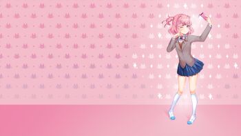 Rule 34 | 1girl, absurdres, artist request, blue skirt, cheek poking, coat, contrapposto, doki doki literature club, full body, grey coat, hair ornament, hairclip, highres, holding, holding phone, index finger raised, looking at viewer, natsuki (doki doki literature club), neck ribbon, official art, one eye closed, one side up, phone, pigeon-toed, pink vest, poking, ribbon, shirt, skirt, smile, socks, solo, taking picture, vest, white shirt, white socks