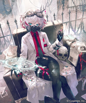 1girl aqua_eyes armchair backlighting bags_under_eyes black_gloves black_leggings black_necktie black_shoes chain chair coat collared_shirt commentary_request copyright_notice crossed_legs dutch_angle eyewear_on_head fence flat_chest from_above from_side gas_mask gloves goggles goggles_on_head grey_hair hair_between_eyes hair_ornament hand_up highres holding holding_syringe iron_bars jacket lab_coat lapels leggings long_sleeves looking_at_viewer magic_circle mask mouth_mask multicolored_hair necktie notched_lapels official_art onineko open_clothes open_jacket paper_stack peaked_lapels red_hair red_shirt sephie_(shadowverse) shadowverse shirt shoes short_hair skull solo streaked_hair symbol-shaped_pupils syringe triangle-shaped_pupils two-tone_hair white_coat