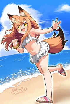 1girl :d animal_ear_fluff animal_ears beach bead_bracelet beads bikini bikini_skirt blush bracelet breasts commentary_request day eyes_visible_through_hair fang fox fox_ears fox_girl fox_tail frilled_bikini frills goushu groin highres jewelry long_hair looking_at_viewer navel ocean open_mouth orange_hair original outdoors outstretched_arm ruffle_bikini running sand_writing sandals skin_fang slit_pupils smile solo stomach swimsuit tail tail_under_clothes thick_eyebrows underboob water white_bikini yellow_eyes