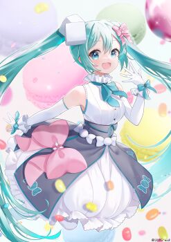 1girl absurdly_long_hair aqua_bow aqua_eyes aqua_hair bow breasts buttons commentary_request dress elbow_gloves gloves hair_between_eyes hair_bow hair_ornament hatsune_miku highres light_blush long_hair looking_at_viewer medium_breasts miku_day nikku(user_grkf3753) open_mouth pink_bow sleeveless sleeveless_dress smile solo twintails very_long_hair vocaloid white_gloves