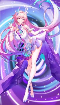 1girl absurdres aqua_eyes bare_shoulders breasts chinese_commentary clothing_cutout colorful_background commentary_request cyrene_(honkai:_star_rail) cyrene_(ripples_of_past_reverie)_(honkai:_star_rail) diamond-shaped_pupils diamond_(shape) dress earrings full_body high_heels highres honkai:_star_rail honkai_(series) jewelry large_breasts lin8334201 long_hair looking_at_viewer multicolored_hair pink_hair pointy_ears purple_eyes side_cutout smile solo symbol-shaped_pupils thighs v very_long_hair white_dress white_hair