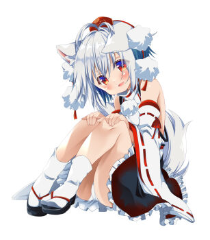1girl animal_ear_fluff animal_ears black_sandals black_skirt commentary detached_sleeves ears_down frilled_skirt frills full_body hands_on_own_knees hat hikanyan inubashiri_momiji leaning_forward looking_at_viewer medium_skirt open_mouth panties pantyshot pom_pom_(clothes) red_eyes red_hat ribbon-trimmed_sleeves ribbon_trim sandals shirt short_hair simple_background sitting skirt sleeveless sleeveless_shirt smile socks solo tabi tail tokin_hat touhou turtleneck turtleneck_shirt underwear white_background white_hair white_panties white_shirt white_sleeves white_socks wolf_ears wolf_girl wolf_tail