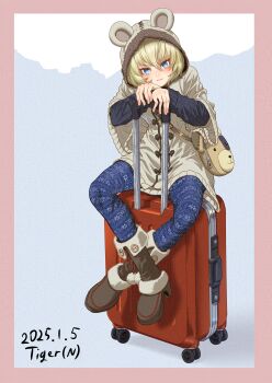 Rule 34 | 1girl, absurdres, animal hood, artist name, bag, bear hood, black boots, black sweater, blonde hair, blue eyes, blue pants, bob cut, boko (girls und panzer), boots, border, closed mouth, coat, commentary, dated, girls und panzer, girls und panzer senshadou daisakusen!, handbag, highres, hood, hooded coat, katyusha (girls und panzer), light smile, long sleeves, looking at viewer, official alternate costume, pants, pink border, rolling suitcase, short hair, sitting, solo, suitcase, sweater, tigern (tigern28502735), white coat
