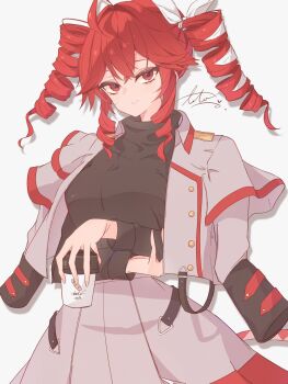1girl black_skirt cup drill_hair grey_jacket grey_shirt hashtag-only_commentary highres holding holding_cup jacket kasane_teto long_sleeves looking_at_viewer open_clothes pleated_skirt ramie_li red_eyes red_hair shirt signature simple_background skirt smile solo synthesizer_v twin_drills white_background