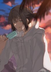 Rule 34 | 1boy, :q, absurdres, baggy clothes, black hair, blue eyes, drawstring, fate/grand order, fate (series), food, highres, holding, holding food, holding popsicle, hood, jacket, long sleeves, looking at viewer, male focus, oberon (fate), oberon (refreshing summer prince) (fate), official alternate costume, popsicle, romo827, short hair, sidelocks, smile, tongue, tongue out, white jacket
