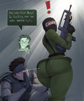 ! 1girl 2boys absurdres ass assault_rifle balaclava black_gloves blue_eyes blush brown_hair bullpup devilhs english_text famas fingerless_gloves glasses gloves green_pants green_shirt grey_headband gun hal_emmerich headband highres holding holding_gun holding_weapon looking_at_another looking_at_ass looking_back meryl_silverburgh metal_gear_(series) metal_gear_solid multiple_boys one_eye_closed own_hands_together pants pantylines rifle shirt short_hair signature solid_snake speech_bubble squatting weapon