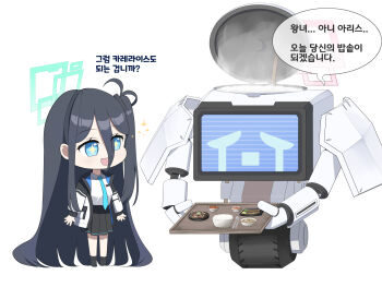 1girl absurdly_long_hair aqua_halo aris_(blue_archive) black_hair blue_archive blue_eyes blue_necktie hair_between_eyes halo highres holding holding_tray kei_(amas)_(blue_archive) kei_(blue_archive) korean_text long_hair long_hair_between_eyes necktie non-humanoid_robot open_mouth pink_halo rectangular_halo rice_cooker robot speech_bubble tonguei translation_request tray very_long_hair