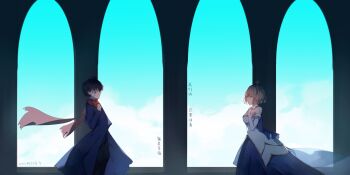 1boy 1girl absurdres ahoge archetype_earth archetype_earth_(cosplay) arcueid_brunestud bandaid bandaid_on_face black_hair blonde_hair blue_bow blue_coat blue_skirt blue_sky bow breasts castle cleavage closed_eyes cloud cloudy_sky coat commentary_request cosplay covered_eyes detached_sleeves dress dress_bow from_side gold_trim hair_intakes hand_on_own_chest highres huge_breasts long_coat long_skirt official_alternate_costume open_clothes open_coat red_scarf satsujinki scarf self_cosplay short_hair skirt sky tohno_shiki tsukihime white_dress xjjliandao