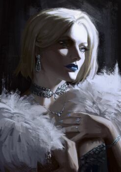 1girl akynoctua blonde_hair blue_eyes blue_lips blue_nails bracelet choker commentary dark earrings emma_frost english_commentary fur_shawl highres jewelry looking_at_viewer looking_to_the_side makeup marvel mature_female necklace one_eye_in_shadow ring shawl short_hair solo teardrop_earrings upper_body x-men