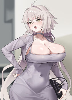 1girl absurdres ahoge bag blush breasts choker cleavage commentary_request covered_navel cropped_jacket doridor dress fate/grand_order fate_(series) grey_dress grey_hair grey_jacket handbag highres jacket jeanne_d'arc_alter_(fate) large_breasts long_hair long_sleeves looking_at_viewer open_mouth solo tight_clothes very_long_hair yellow_eyes