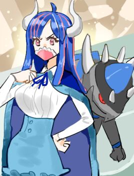 1girl 1other blue_hair blush breasts crossover gen_4_pokemon horns large_breasts long_hair looking_ahead mask meme mouth_mask multicolored_hair nintendo one_piece open_mouth pokemon pokemon_(creature) pokemon_focus raine_(acke2445) rampardos split-color_hair trait_connection two-tone_background ulti_(one_piece) wide_hips