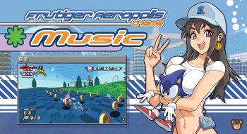 1girl 3d_background absurdres arm_under_breasts artist_logo baseball_cap blue_hat breasts cityscape classic_sonic commentary copyright_logo crop_top drop_shadow earbuds earphones earrings english_commentary english_text game_screenshot_inset globe hand_up hat heart highres holding holding_stuffed_toy jewelry large_breasts logo long_hair looking_at_viewer looking_to_the_side low_poly merchandise mixed_media music_player navel no_pants octagram original pink_eyes sega shirt sidelocks smiley_face_earrings solo sonic_(series) sonic_the_hedgehog standing stuffed_animal stuffed_toy system_st91 thong upper_body urban user_interface v white_background white_shirt window_(computing) wireframe