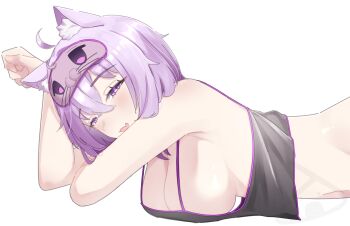 Rule 34 | 1girl, :d, absurdres, ahoge, animal ears, bare arms, black tank top, breasts, cat ears, cat girl, commentary, crop top, crossed bangs, double-parted bangs, from side, hair between eyes, highres, hololive, jape (ja pehhhh), large breasts, looking at viewer, lying, mask, mask on head, nekomata okayu, on stomach, open mouth, purple eyes, purple hair, short hair, sideboob, simple background, sleep mask, smile, solo, tank top, untranslatable commentary, upper body, virtual youtuber, white background
