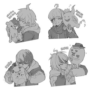 4boys ahoge cane character_name closed_mouth commentary crossover danganronpa:_trigger_happy_havoc danganronpa_(series) english_commentary greyscale hair_between_eyes highres hood hooded_jacket jacket kuronaka_yo master_detective_archives:_rain_code monochrome monokuma multicolored_hair multiple_boys multiple_crossover naegi_makoto one_eye_closed shinigami_(ghost)_(rain_code) shinigami_(rain_code) simple_background sirei_(hundred_line) sparkle sumino_takumi sweat the_hundred_line_-last_defense_academy- tribe_nine v xx_doomzday_xx yuma_kokohead zero_(tribe_nine)