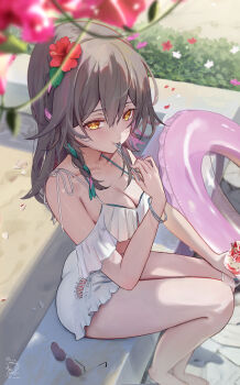 1girl absurdres box bracelet breasts cleavage cup eating grey_hair heart-shaped_box highres holding holding_spoon honkai:_star_rail honkai_(series) ice_cream_cup jewelry large_breasts long_hair looking_at_viewer multicolored_hair outdoors sazanami_(re_n_rentaro) signature sitting spoon stelle_(honkai:_star_rail) sunglasses swim_ring trailblazer_(honkai:_star_rail) unworn_eyewear utensil_in_mouth yellow_eyes