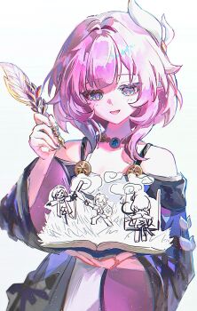 1girl absurdres bare_shoulders blue_eyes book chinese_commentary coat commentary_request cyrene_(aedes_elysiae)_(honkai:_star_rail) cyrene_(honkai:_star_rail) hair_ornament highres holding holding_quill honkai:_star_rail honkai_(series) jewelry necklace open_book parted_lips phainon_(honkai:_star_rail) pink_hair purple_coat quill short_hair simple_background siro_jun solo stelle_(honkai:_star_rail) trailblazer_(honkai:_star_rail) white_background