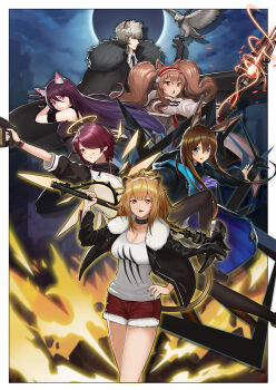 1boy 5girls amiya_(arknights) angelina_(arknights) animal_ear_fluff animal_ears arknights arm_up ascot bird black_cape black_choker black_dress black_eyes black_gloves black_jacket black_nails black_necktie blonde_hair blue_eyes border breasts brown_eyes brown_hair cape cat_ears cat_girl choker cleavage closed_mouth cloud coat collarbone collared_shirt commentary_request crossed_legs denim denim_shorts dress drop_shadow eclipse exusiai_(arknights) fingerless_gloves fingernails fox_ears from_side fur-trimmed_cape fur-trimmed_jacket fur-trimmed_shorts fur_trim gloves grey_hair gun hair_between_eyes hair_over_one_eye hairband halo hammer hand_on_own_hip hand_up highres holding holding_gun holding_hammer holding_staff holding_sword holding_weapon hood hood_down hooded_jacket infection_monitor_(arknights) jacket jewelry kriss_vector large_breasts leg_up lion_ears lion_girl lion_tail lollipop_in_mouth long_hair long_sleeves looking_at_viewer looking_up medium_hair melantha_(arknights) multiple_girls multiple_rings nail_polish naxu necktie night open_clothes open_jacket open_mouth outer_glow outstretched_arm parted_lips purple_ascot purple_eyes purple_hair rabbit_ears red_hair red_hairband red_shorts ring shirt shorts siege_(arknights) silverash_(arknights) sleeveless sleeveless_dress snow_leopard_boy snow_leopard_ears staff standing striped_clothes striped_hairband submachine_gun swinging_weapon sword tail tank_top teeth tenzin_(arknights) twintails upper_teeth_only weapon white_border white_coat white_jacket white_shirt white_tank_top wings yellow_eyes