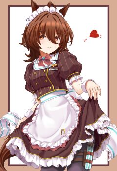 Rule 34 | 1girl, absurdres, agnes tachyon (umamusume), animal ears, apron, black pantyhose, border, brown border, brown hair, brown shirt, brown skirt, closed mouth, coco's, commentary request, cowboy shot, frilled apron, frilled skirt, frills, hair between eyes, heart, highres, horse ears, horse girl, horse tail, kuroneko86, long hair between eyes, maid headdress, medium hair, outside border, pantyhose, red eyes, shirt, simple background, skirt, skirt hold, smile, solo, tail, test tube, test tube holster, umamusume, waist apron, white apron, white background, white headdress