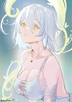 1girl breasts code_vein colored_eyelashes commentary_request dress glint hair_between_eyes highres io_(code_vein) jewelry lace large_breasts looking_at_viewer mare_funo medium_hair necklace parted_lips solo torn_clothes torn_dress twitter_username upper_body wet wet_hair white_dress white_hair yellow_eyes