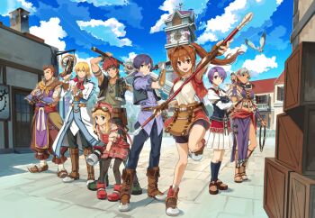 4boys 4girls agate_crosner ascot bag belt bike_shorts bird black_hair blonde_hair blue_eyes boots breasts brown_eyes brown_hair building cannon cleavage_cutout clock clock_tower clothing_cutout cloud cloudy_sky collared_shirt crate dagger dark_skin day eiyuu_densetsu estelle_bright facial_mark falcom forehead_mark gauntlets goggles goggles_on_headwear greatsword gun hat headband jacket joshua_bright kloe_rinz knife long_hair looking_at_viewer medium_breasts miniskirt multiple_boys multiple_girls nail_polish official_art olivert_reise_arnor open_mouth orange_eyes overall_shorts overalls pants pantyhose parted_bangs pelvic_curtain purple_hair rapier red_eyes red_hair sandals sarong sash satchel scherazard_harvey school_uniform shirt shoes short_hair shorts silver_hair skirt sky smile sora_no_kiseki spiked_hair staff sword thighhighs tita_russell tower twintails weapon weather_vane whip window zin_vathek