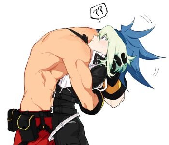 2boys ? ascot belt belt_pouch black_belt black_gloves black_pants blue_hair blush galo_thymos gloves green_hair hand_in_another's_hair hug jionghai lio_fotia male_focus mohawk multiple_boys pants pouch promare purple_eyes red_pants short_hair simple_background spoken_question_mark topless_male white_ascot white_background yaoi