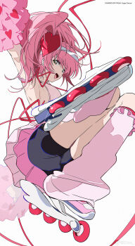 1girl absurdres amulet_heart armpits cheering cheerleader commentary_request english_text frilled_arm_strap frills highres hinamori_amu holding holding_pom_poms loose_socks miniskirt pink_hair pom_pom_(cheerleading) pom_poms ribbon roller_skates shorts shorts_under_skirt shugo_chara! skates skirt socks solo visor_cap watermark weibo_watermark white_background z3zz4