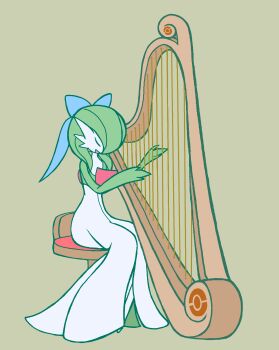 Rule 34 | 1girl, blue bow, bob cut, bow, closed eyes, colored skin, female focus, flat chest, flat color, gardear058, gardevoir, gen 3 pokemon, green hair, green skin, grey background, hair bow, hair over one eye, hands up, happy, harp, instrument, medium hair, multicolored skin, music, nintendo, on stool, one eye covered, open mouth, playing instrument, poke ball symbol, pokemon, pokemon (creature), simple background, sitting, smile, solo, two-tone skin, u u, white skin